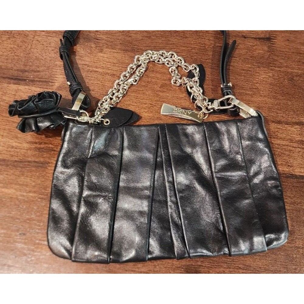 DKNY Leather Pleated Black 10" Shoulder Evening Bag Gold Chain Purse Charm
